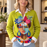 Strickjacke mit gemaltem Porträt-Kunstdruck und Knöpfen