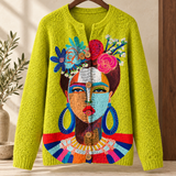 Strickjacke mit gemaltem Porträt-Kunstdruck und Knöpfen