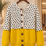 Gelbe gepunktete Strickjacke mit Print und Knöpfen