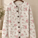 Strickjacke mit rosa Rosenprint und Knöpfen