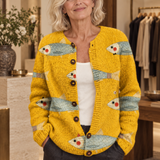 Vintage-Strickjacke mit Fisch- und Sardinen-Kunstdruck und Knöpfen