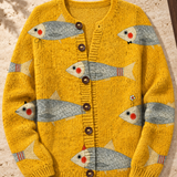 Vintage-Strickjacke mit Fisch- und Sardinen-Kunstdruck und Knöpfen