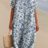 Magnolia - Vestido Marfil Embellecido con Detalles Florales en Azul Porcelana