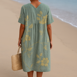 Clementina - Vestido Azul e Cinza com Bordado Floral