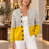 Gelbe gepunktete Strickjacke mit Print und Knöpfen