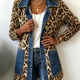 Selma | Lange Kontrastjacke mit Leopardenmuster und Jeansbesatz