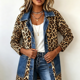 Selma | Lange Kontrastjacke mit Leopardenmuster und Jeansbesatz