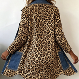 Selma | Lange Kontrastjacke mit Leopardenmuster und Jeansbesatz