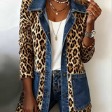 Selma | Lange Kontrastjacke mit Leopardenmuster und Jeansbesatz